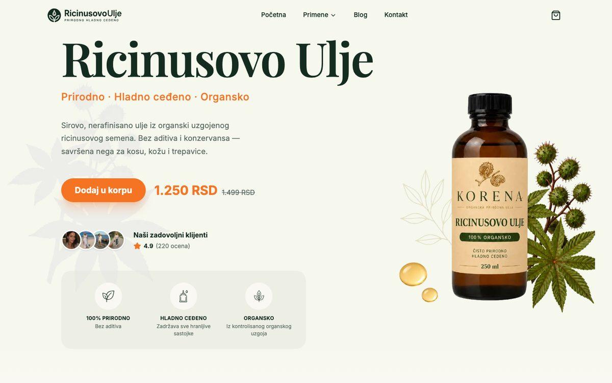 Hero sekcija sajta ricinusovoulje.com
