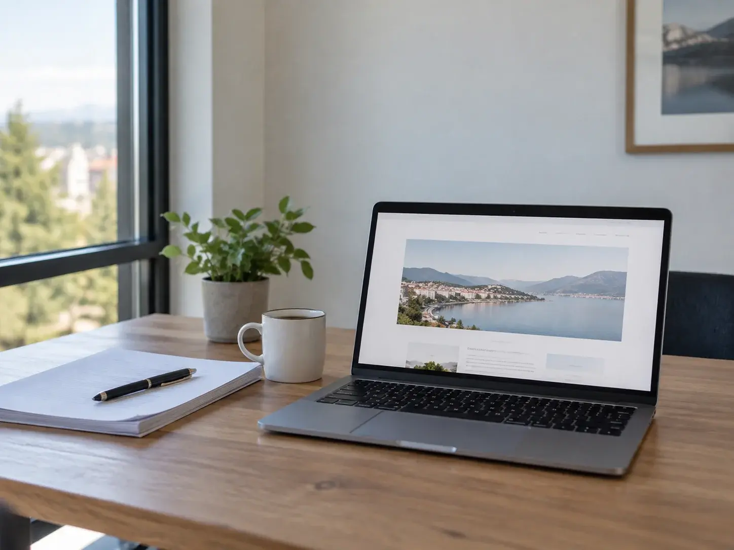 A laptop on a wooden desk showing a website, with a notebook, a pen and a cup of coffee beside it