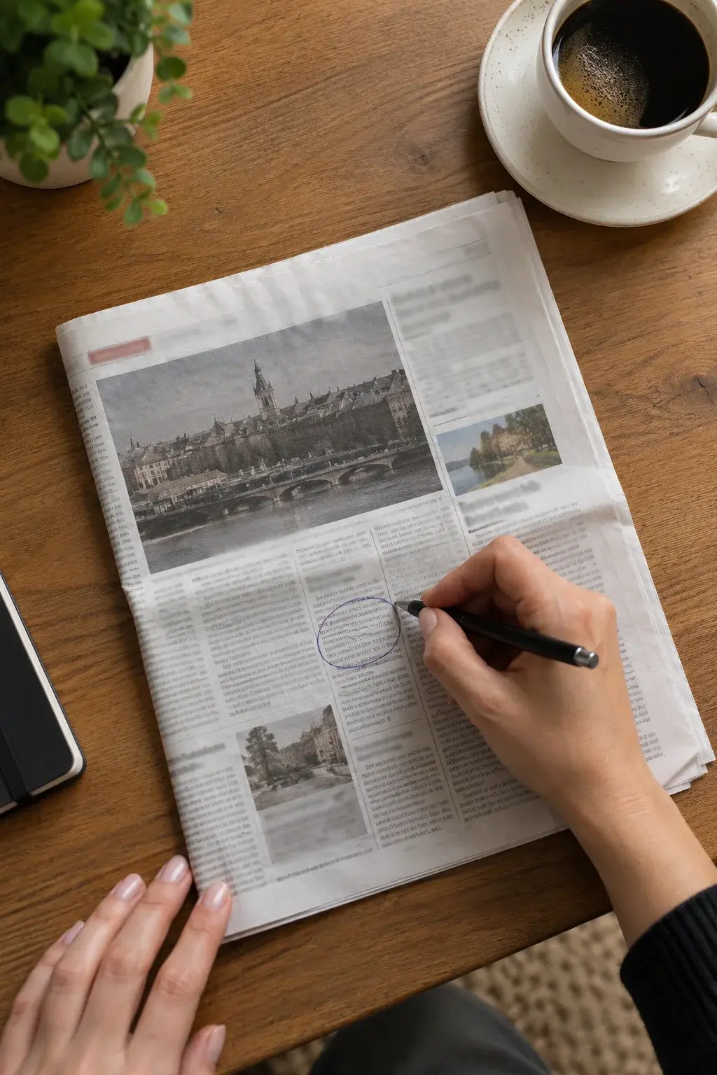 A hand circling an item in a newspaper on a wooden desk, a cup of coffee beside it
