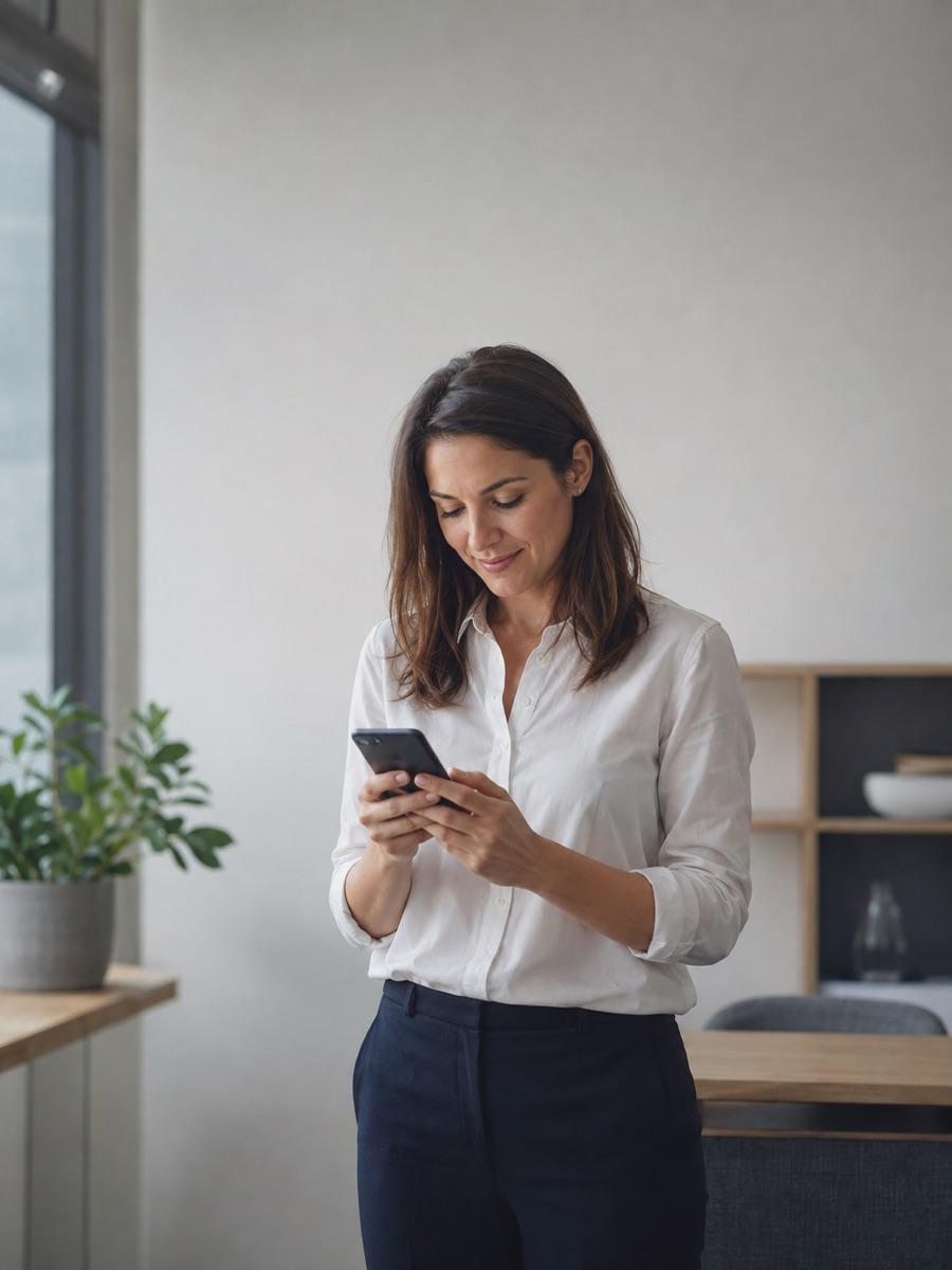 Vlasnica male firme čita poruku na telefonu