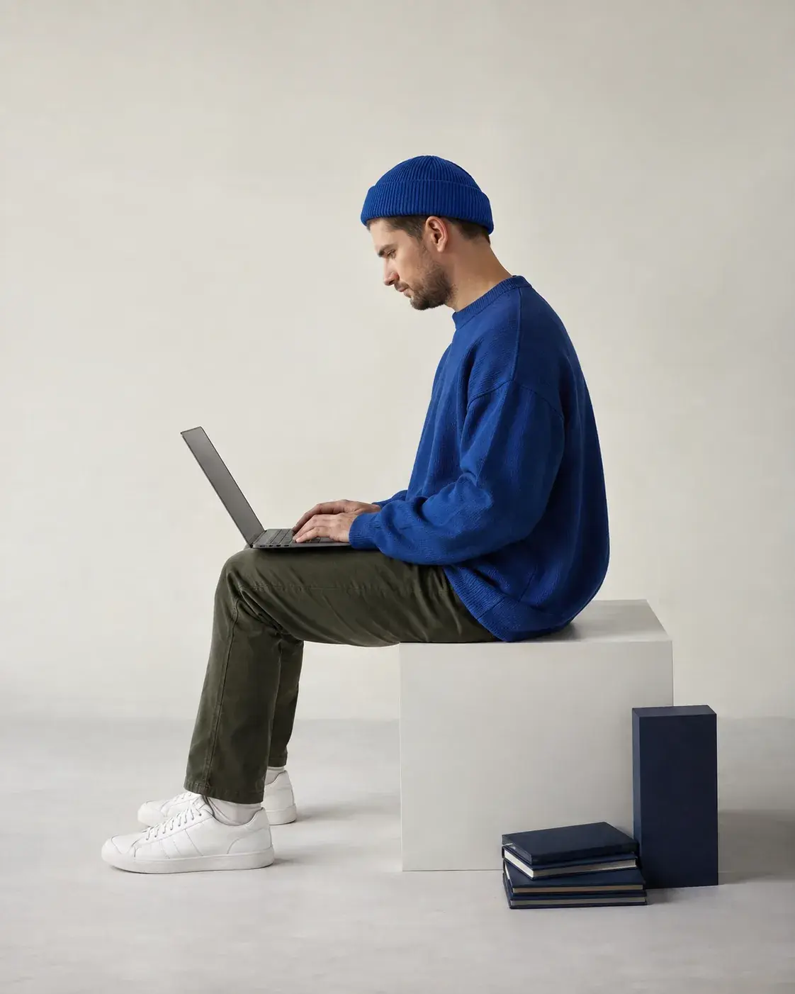 A man in a blue sweater working on a laptop in a bright studio