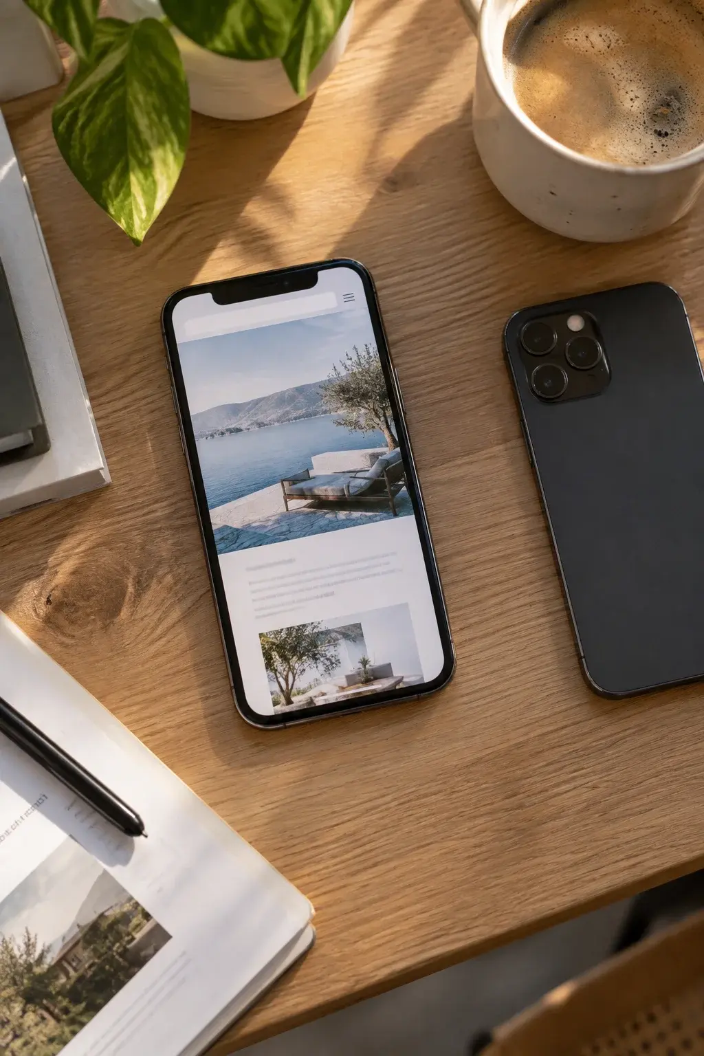 A phone on a wooden desk showing a website, a second phone and a cup of coffee beside it